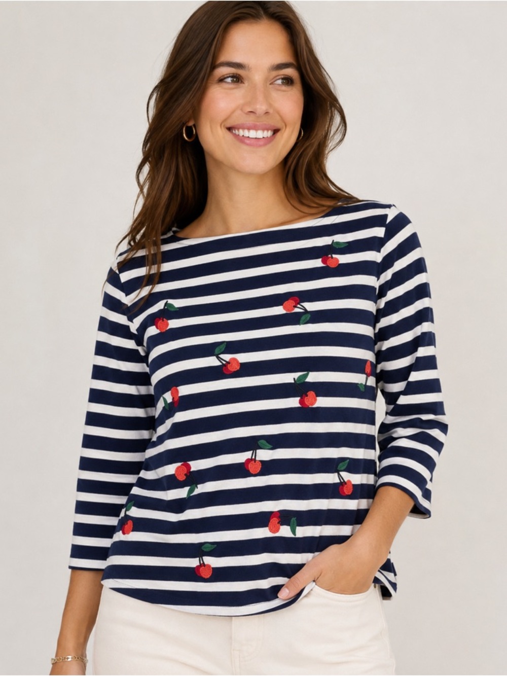 J. Crew Striped Long Sleeve Tee with Cherry Design